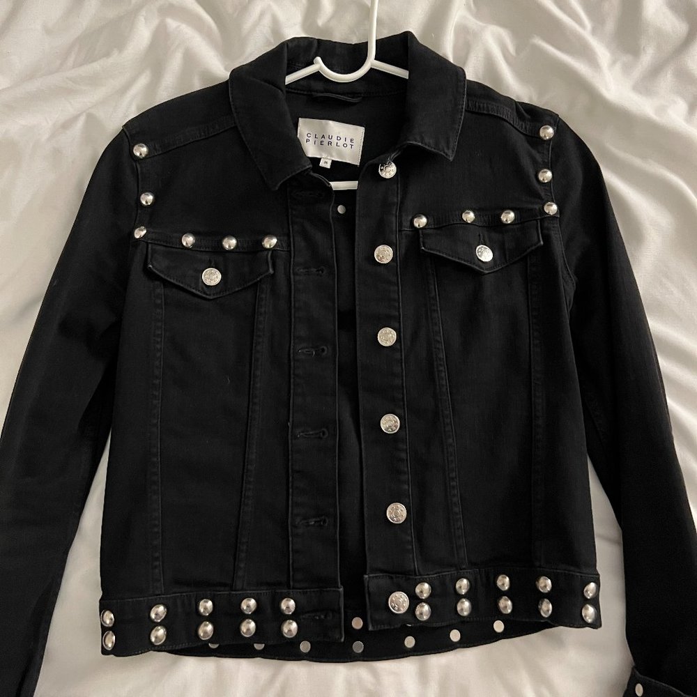 Claudie Pierlot Black Studded Cropped Denim Jacket Size 36